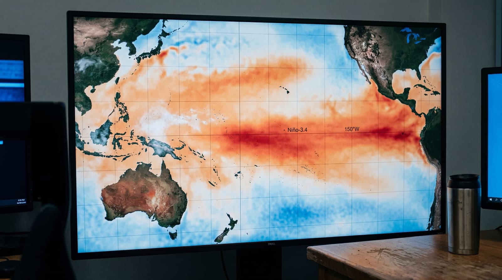 A satellite-style visualization of the equatorial Pacific Ocean showing warm sea-surface temperature anomalies in reds and oranges stretching from the dateline to the South America