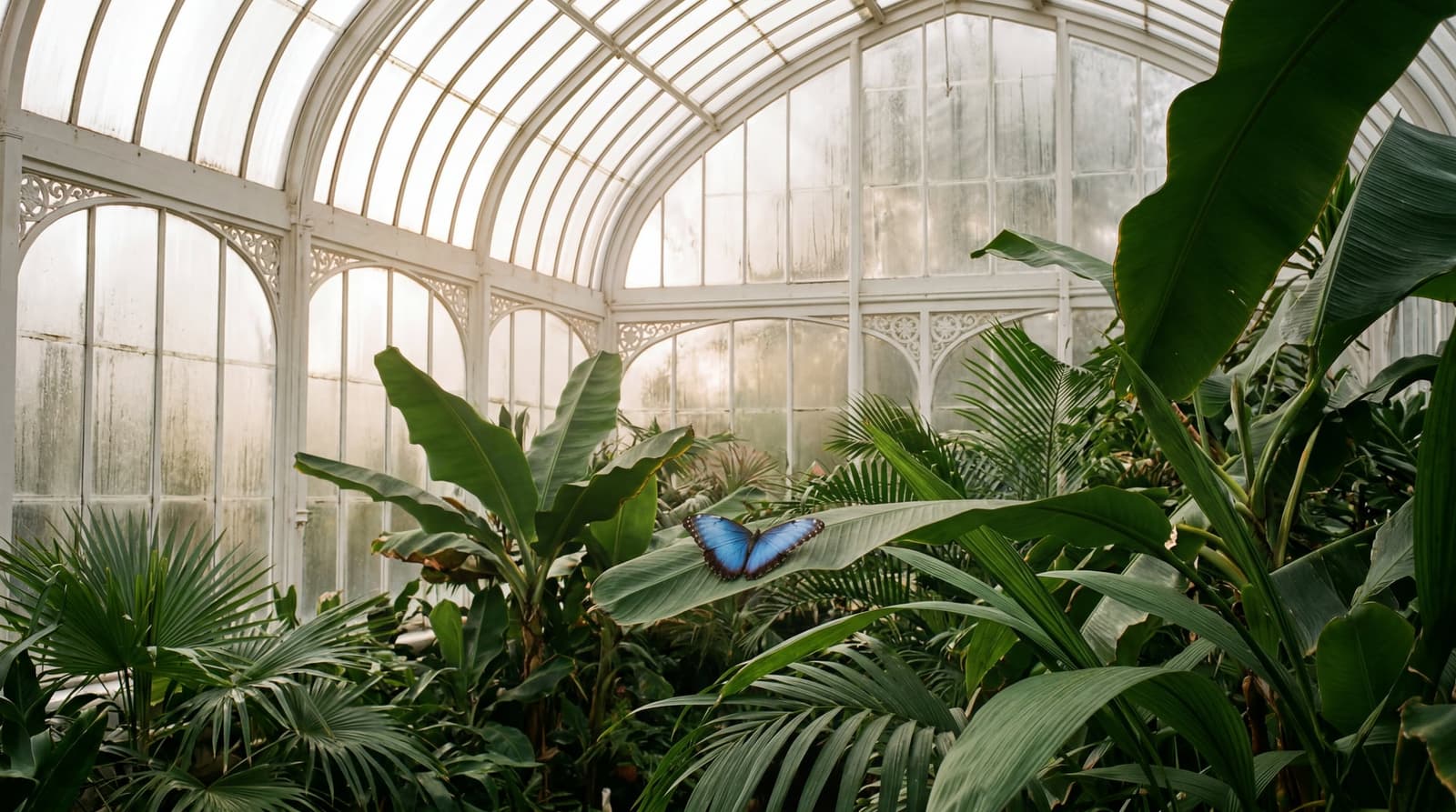 Interior of a restored Victorian-style glasshouse with tropical foliage and a single blue Morpho butterfly resting on a broad green leaf in the foreground. LIGHT: Soft diffused day