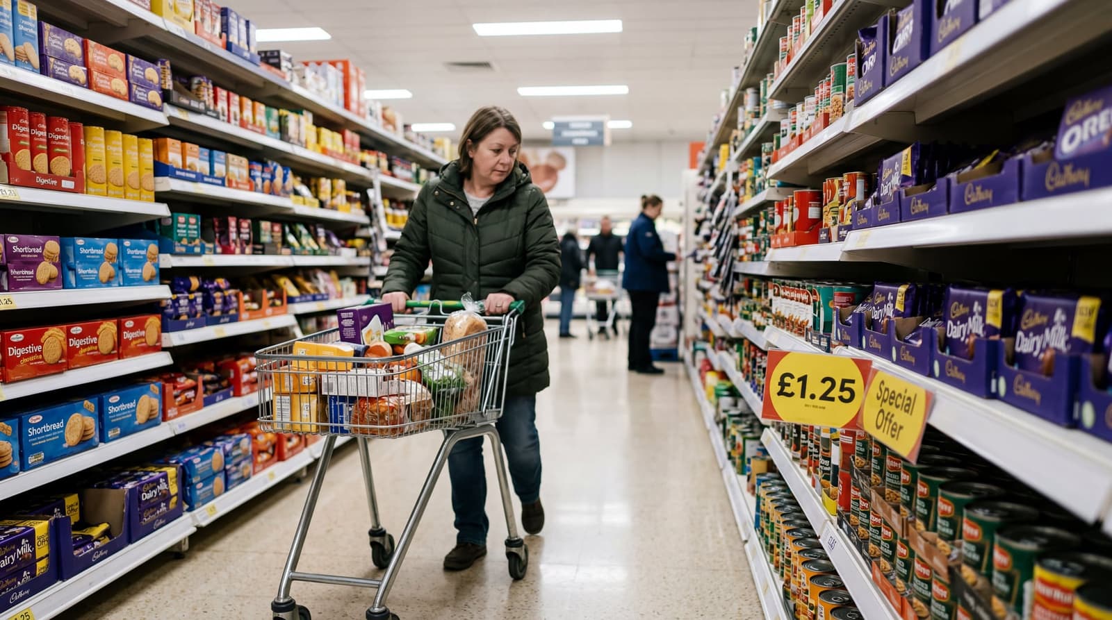 A British supermarket aisle with shelves of chocolate, biscuits and tinned goods, a shopper pushing a half-full trolley past price labels. LIGHT: Cool overhead fluorescent supermar
