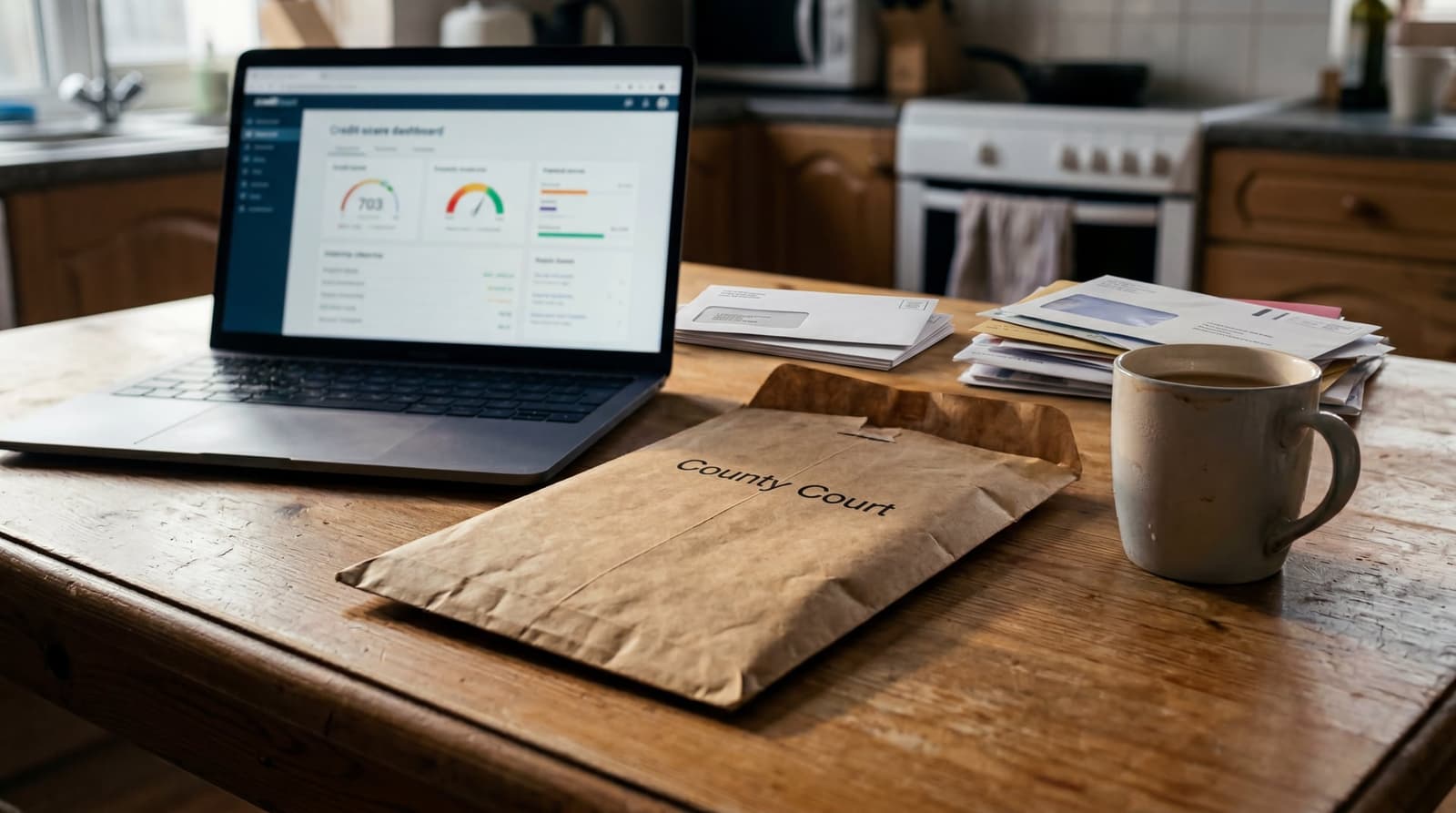 a worn brown envelope marked 'County Court' resting on a kitchen table beside an open laptop showing a credit-score dashboard, with a half-drunk mug of tea and unopened bills stack