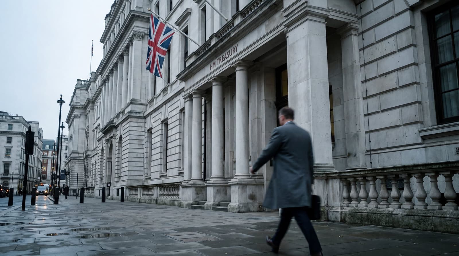 The exterior of HM Treasury building in Whitehall, London, on a grey weekday morning, with a blurred figure in a business coat walking past the columned entrance. LIGHT: Overcast