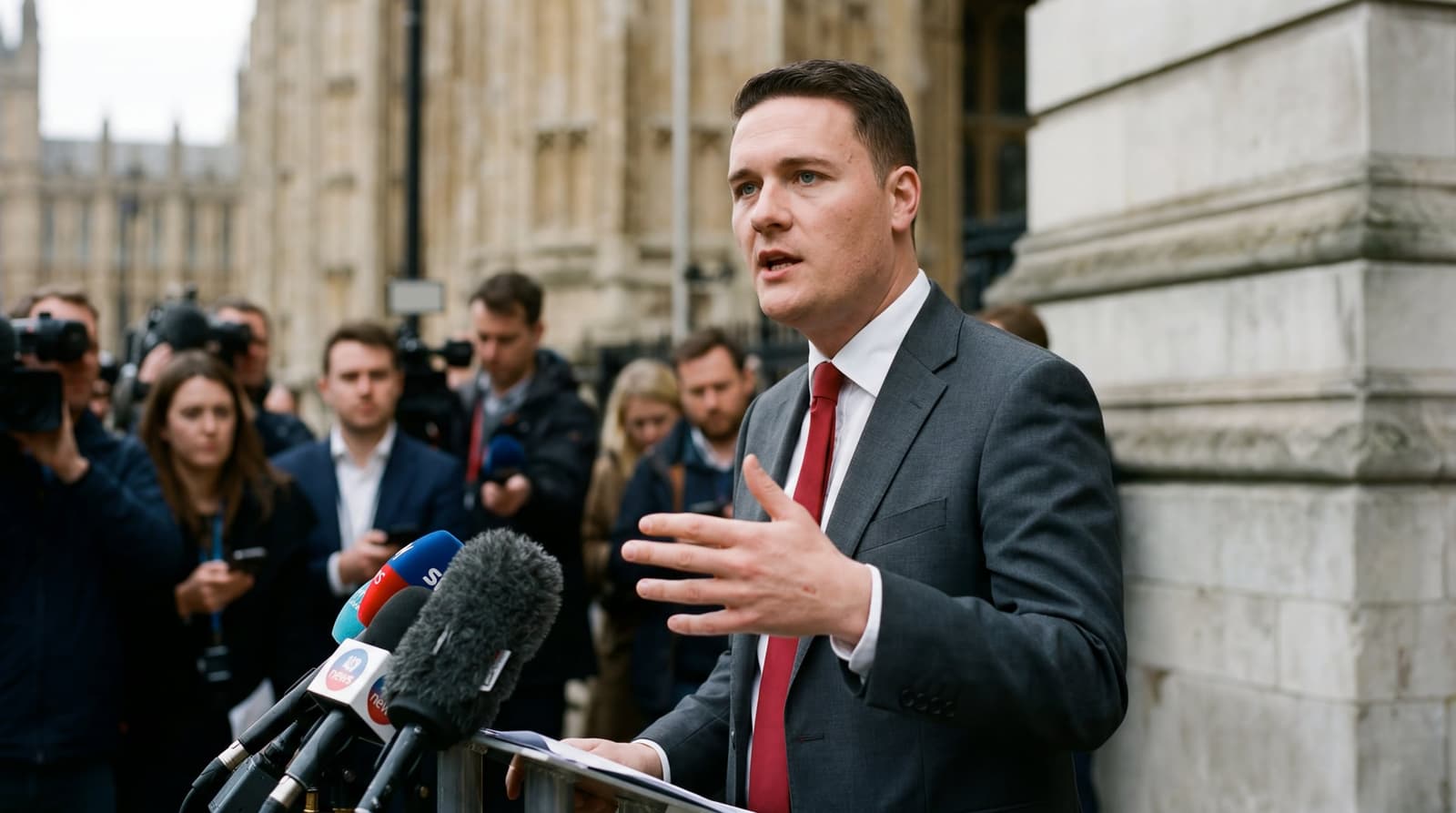 Wes Streeting at a podium addressing reporters outside Westminster, mid-speech, hand gesturing. LIGHT: overcast London daylight, soft diffuse, slight cool cast on stone. DETAIL: da