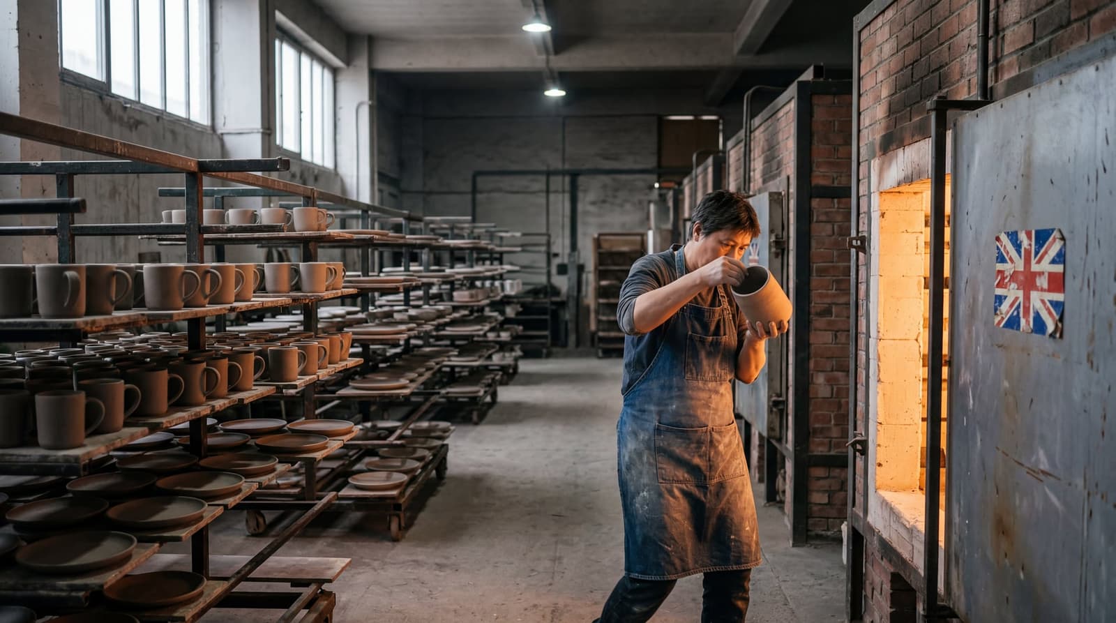interior of a working Stoke-on-Trent pottery kiln room, rows of unfired clay tableware on metal racks, a single worker in apron inspecting a piece in the foreground. LIGHT: warm tu