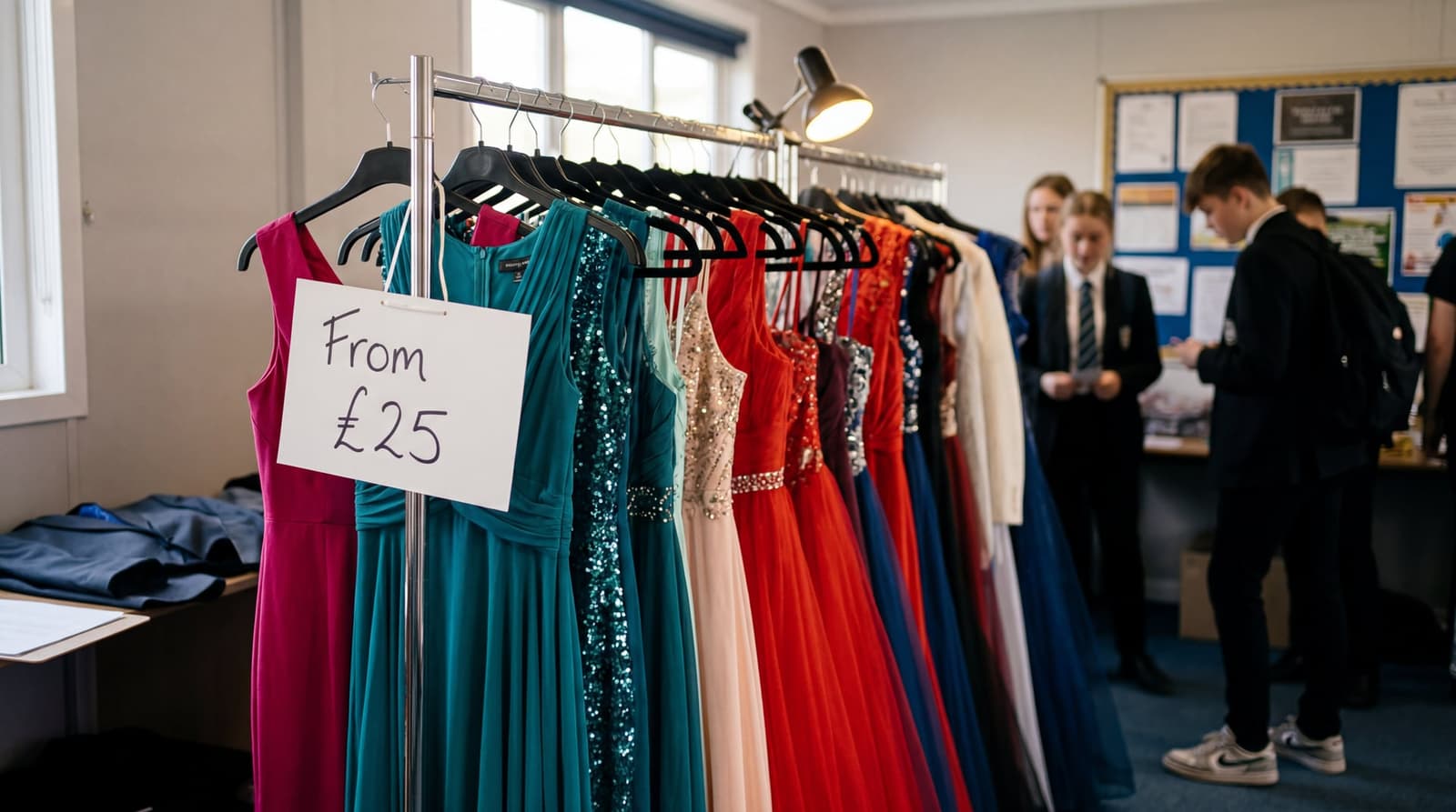 A rail of brightly coloured prom dresses inside a converted Portacabin classroom-shop, with a handwritten price card reading 'From £25' visible in the foreground. LIGHT: Soft late-