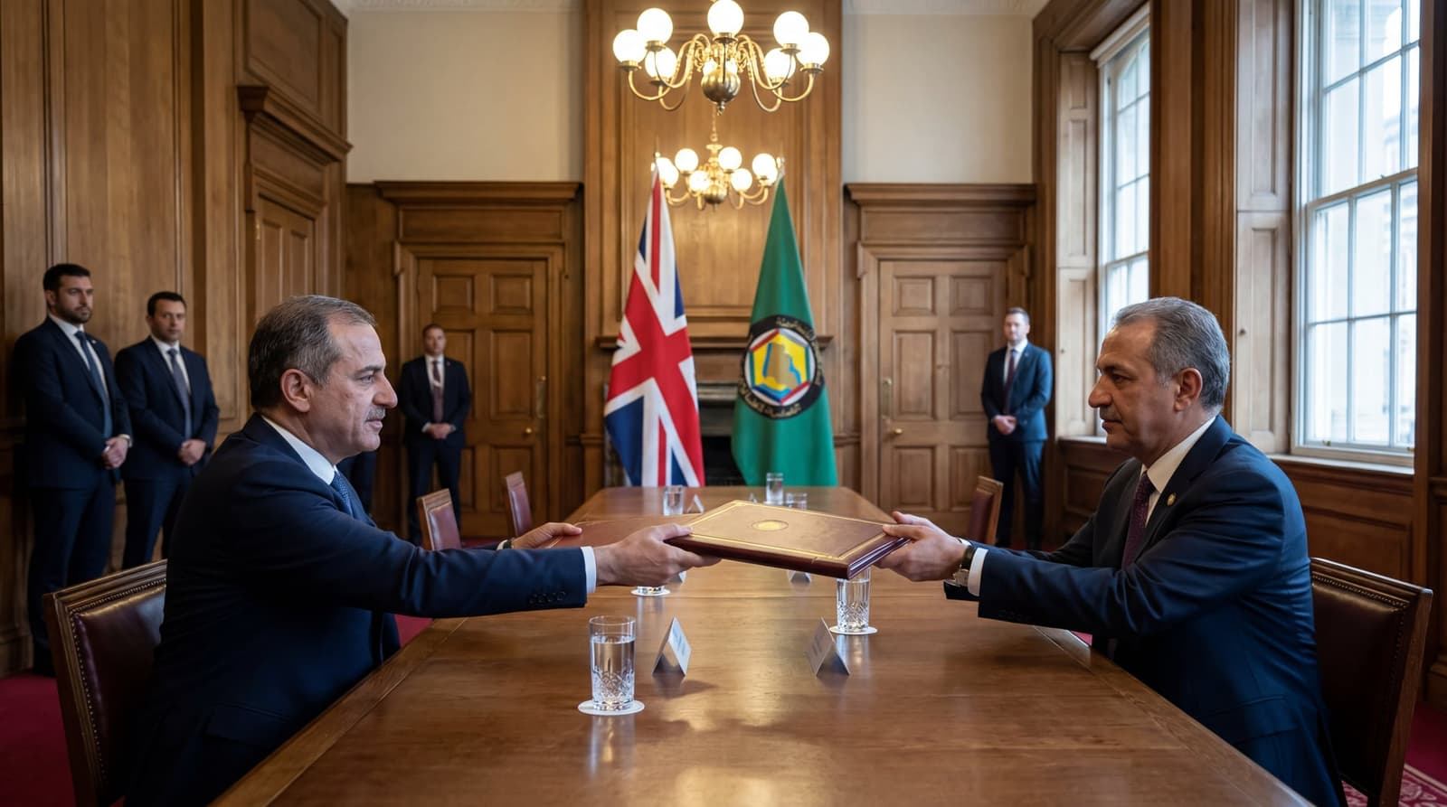 A formal signing ceremony in a London government building, two officials seated at a long polished table exchanging bound trade agreement folders, Union Jack and GCC flags arrayed