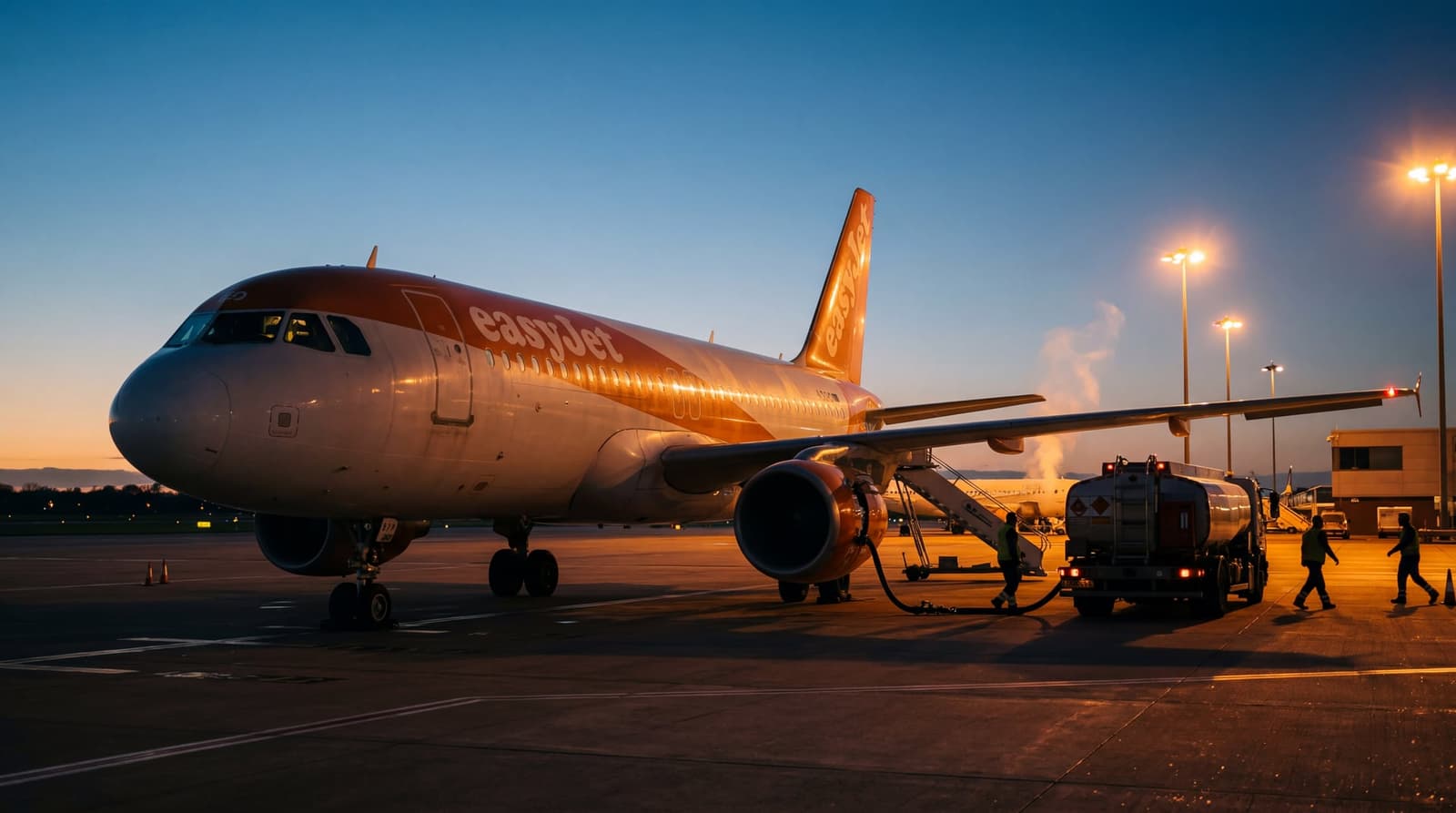 an EasyJet Airbus A320 parked at a UK airport stand at dusk, fuel bowser connected, ground crew silhouetted against orange sodium lights. LIGHT: low golden-hour sun raking across t