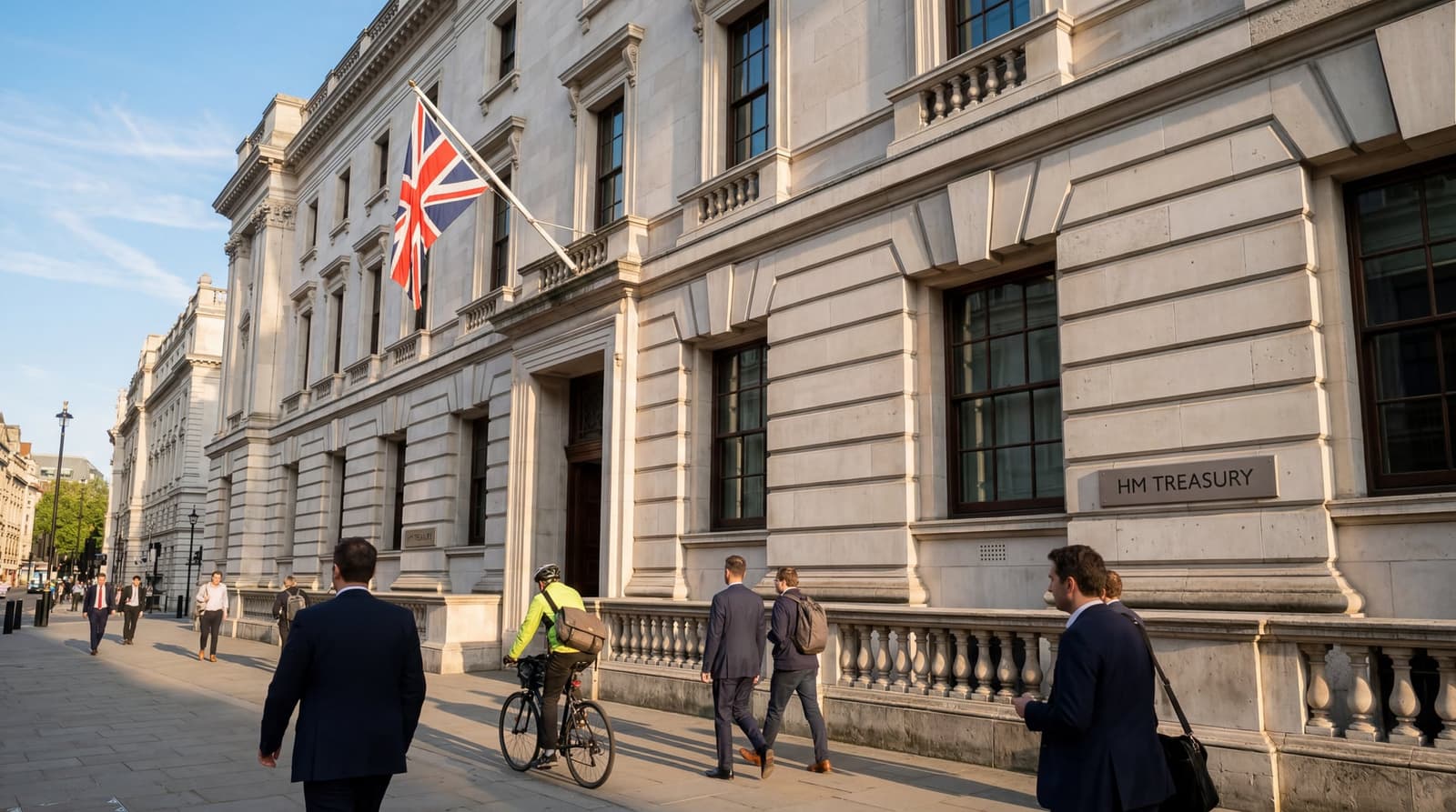 Exterior of HM Treasury building in Westminster on a bright late-May afternoon, with a Union flag and a few commuters in the foreground. LIGHT: Warm low-angle sunlight, long soft s