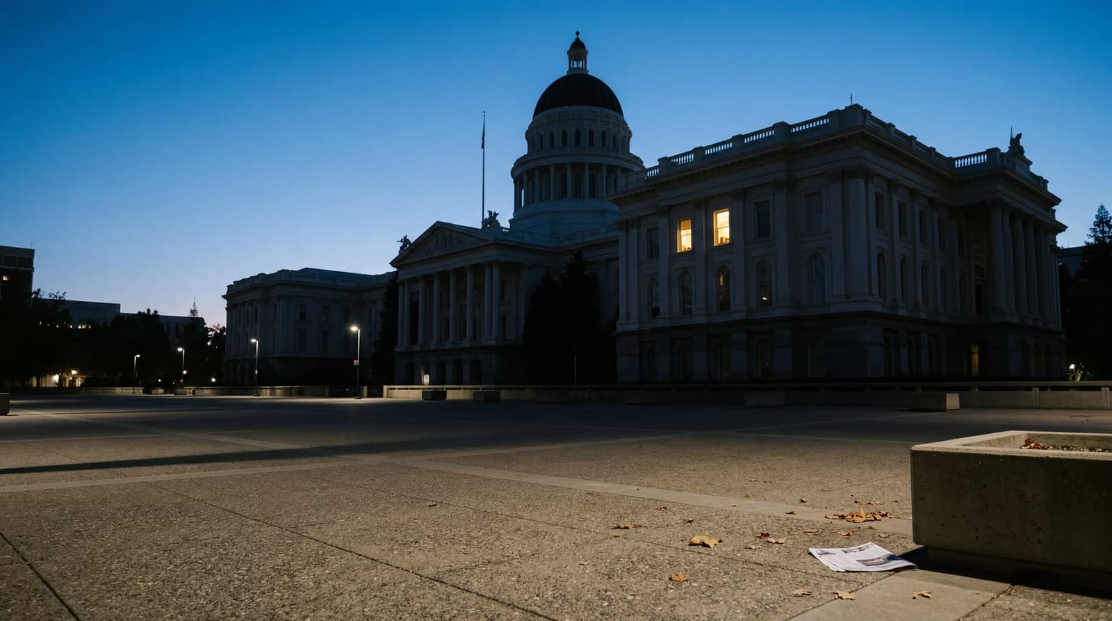 California state capitol building in Sacramento at dusk, with a single lit office window visible on an upper floor, empty plaza in foreground. LIGHT: cool blue twilight, warm tungs