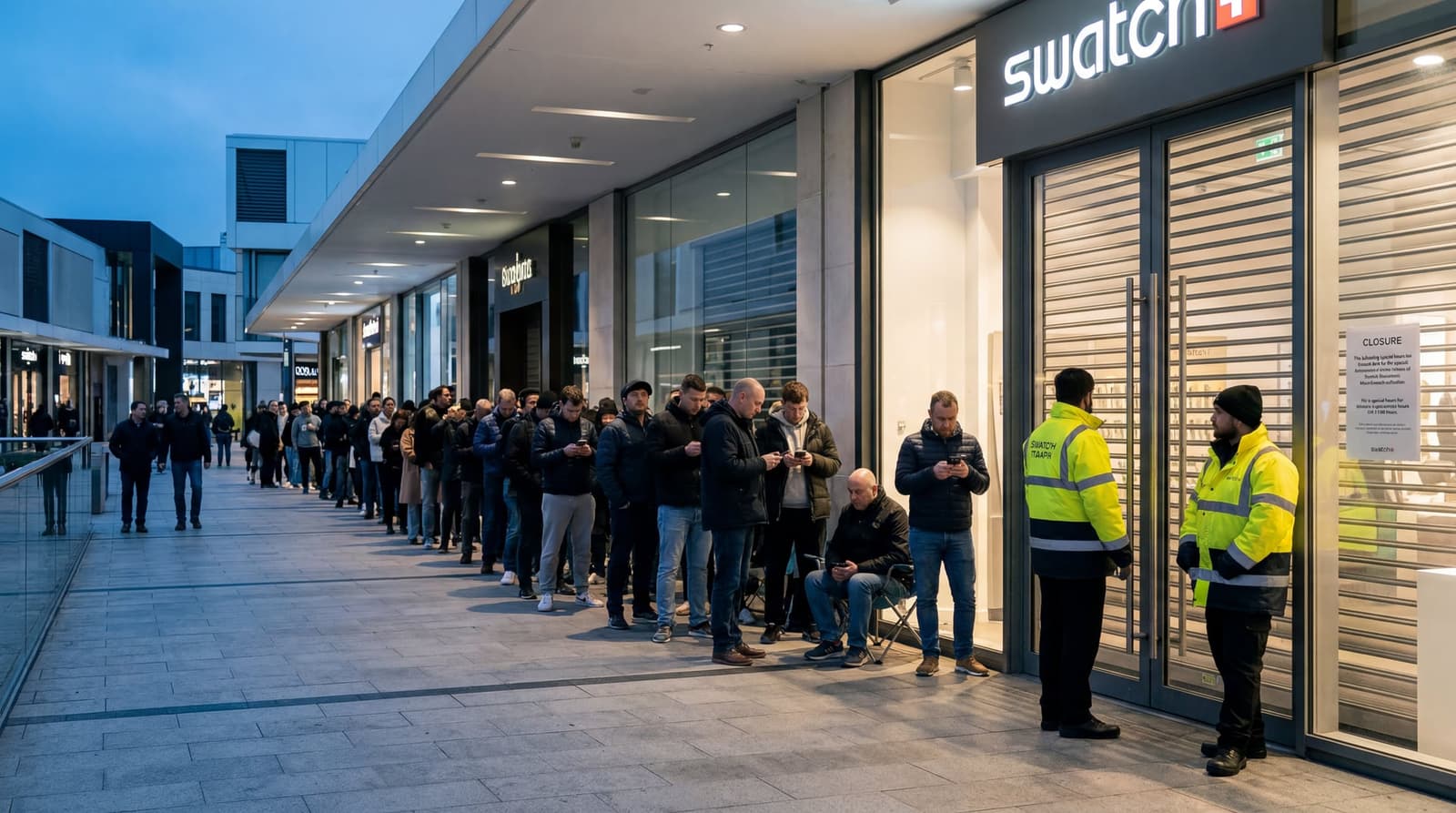 A long line of shoppers stretches outside a brightly lit Swatch boutique in a modern shopping centre at dawn, with security staff in high-visibility jackets standing at the closed