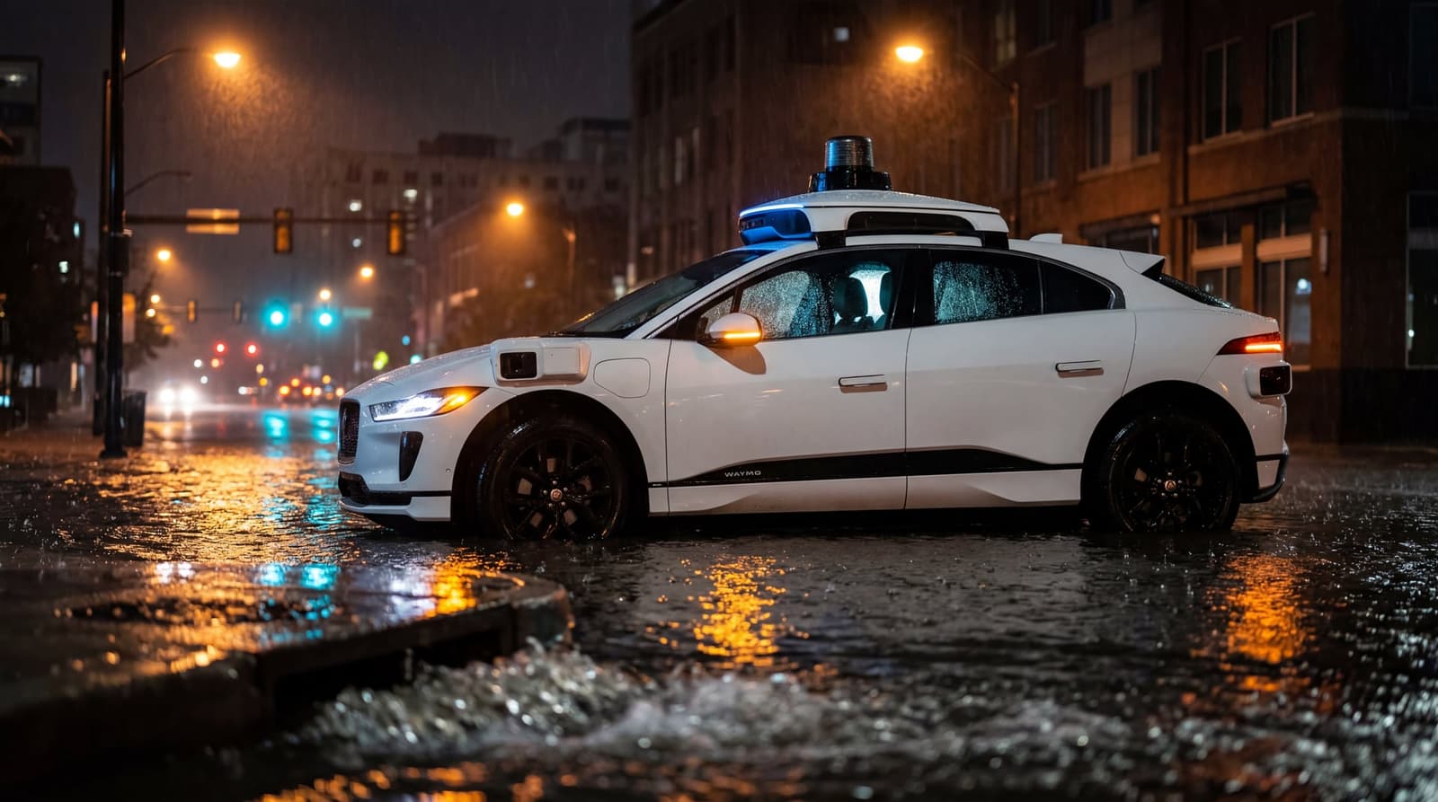 a stranded white Waymo Jaguar I-PACE robotaxi sitting mid-axle in floodwater on a darkened Midtown Atlanta street at night, hazard lights reflecting on the wet pavement, empty driv