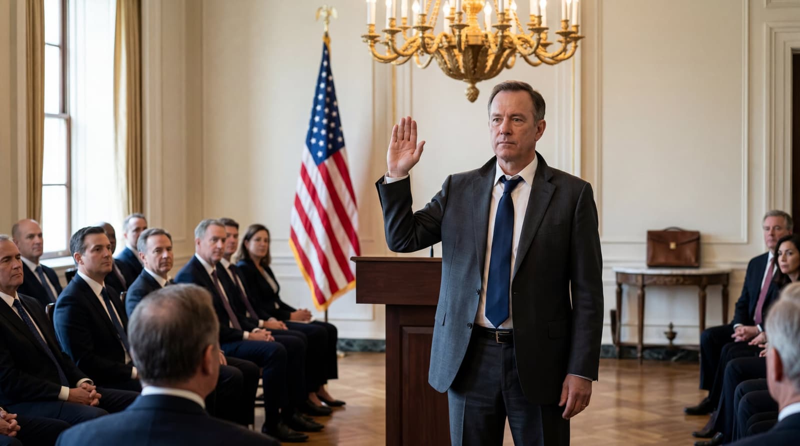 The East Room of the White House during a formal swearing-in ceremony, a man in a dark suit with right hand raised standing beside a podium, an American flag and gilded chandelier
