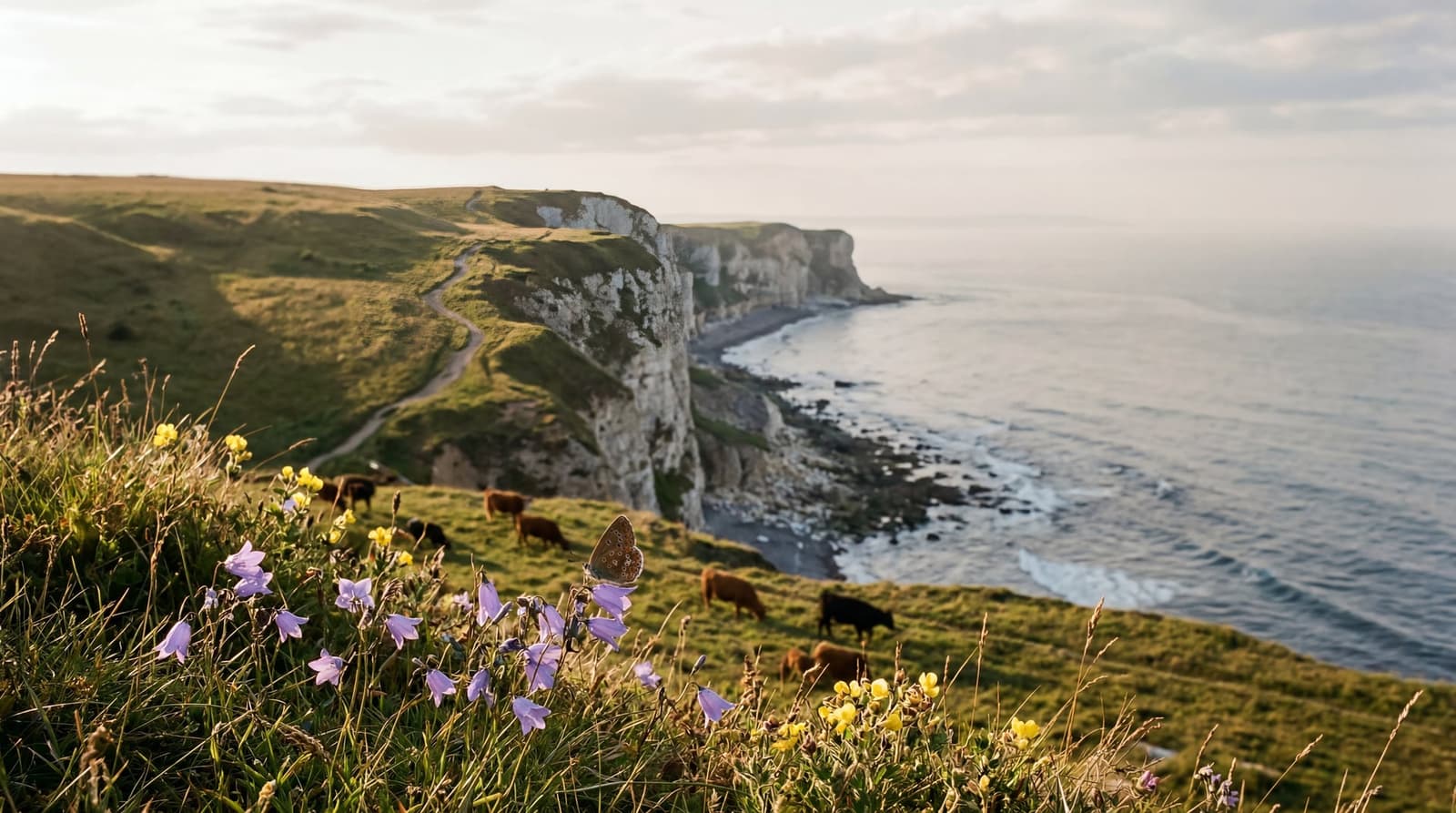 A sweeping view of the Durham Heritage Coast at Blackhall Rocks, pale magnesian limestone cliffs meeting the North Sea, wildflower grassland in the foreground with cattle grazing o