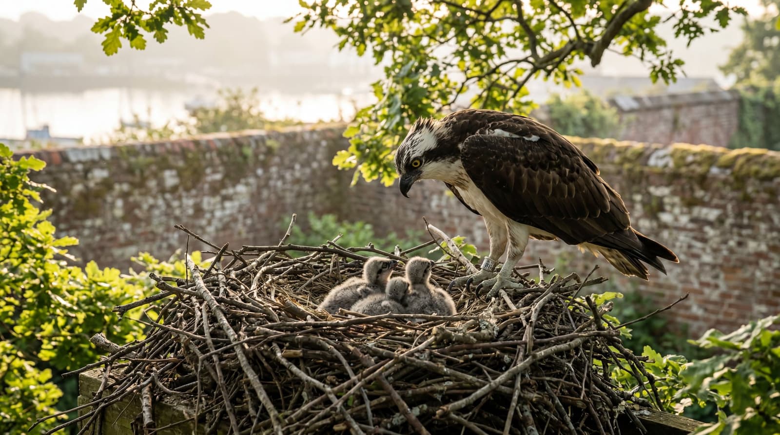 An adult osprey perched on the rim of a large stick nest inside a walled English garden, three small downy chicks visible beneath her, early summer foliage around the nest platform